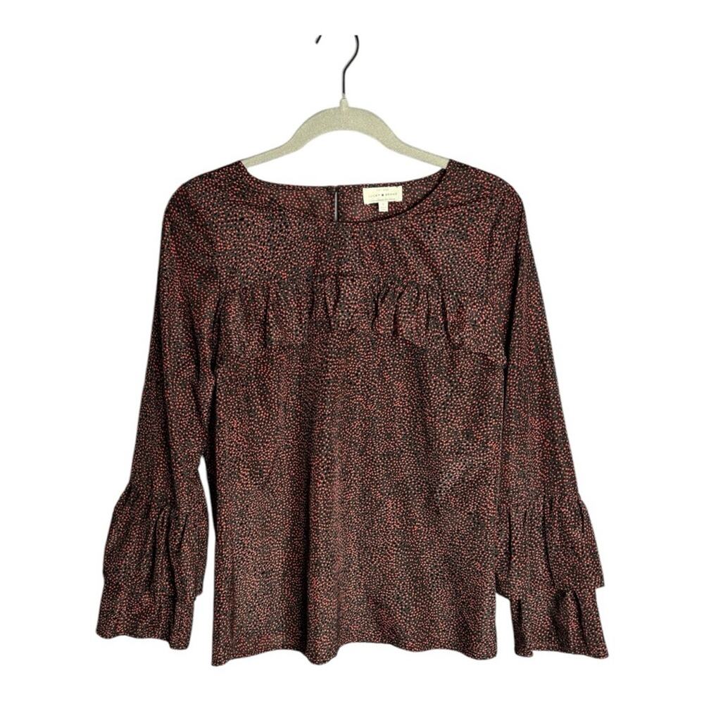 Lucky Brand Red and Black Polka Dot Textured Blouse With Ruffle Details Small